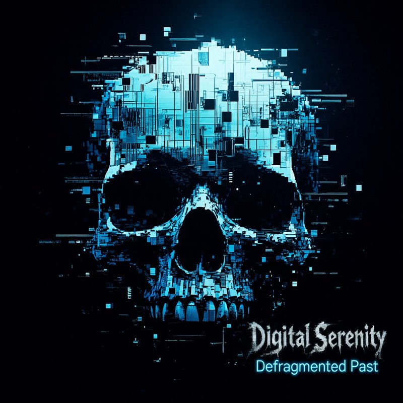 Defragmented Past cover: a glitching cyan skull made of pixel fragments